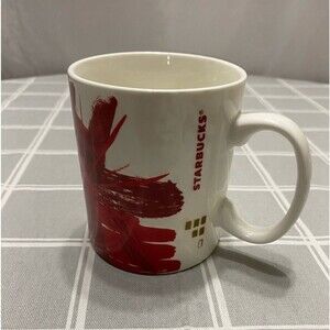 Starbucks 15.2oz 2014 Coffee Mug Cup Starburst Flower Fireworks White Red Gold